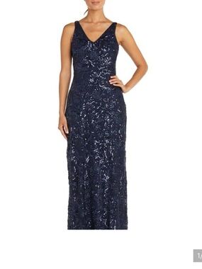 R&M Richards Navy Sequin V-Neck Evening Gown Maxi dress NWT Size 16 wedding